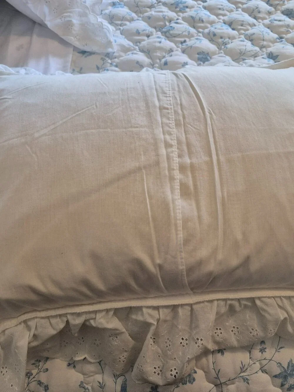 Pair White Cotton Eyelet Quilted Ruffled Pillow Shams Vintage Queen Cottagecore